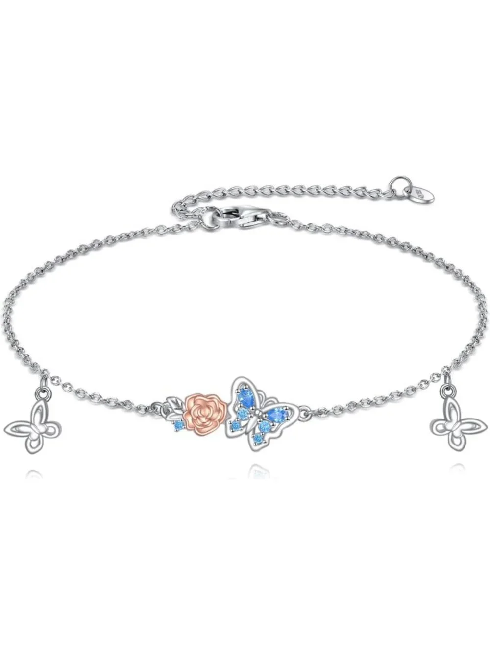 925 Sterling Silver Butterfly Bracelet with Ocean Blue CZ Pendant - Perfect Gift